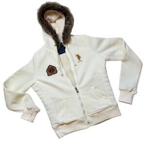 US Polo Assn Cream Women's Fur Hood Fleece Lined Full Zip Warm Hoodie
